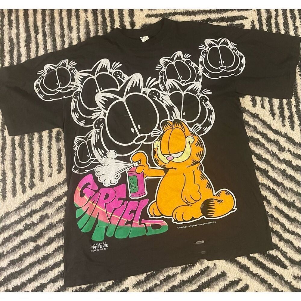 GARFIELD CAT Vintage 2 sided single stitch tee Spray Paint All over Freeze XL pa